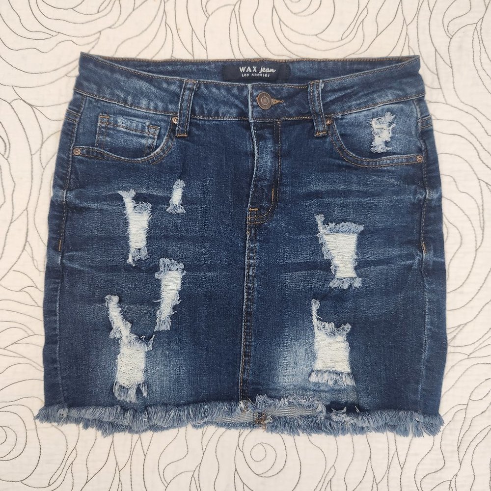 [S] Ripped Denim Wax Jeans Mini Skirt